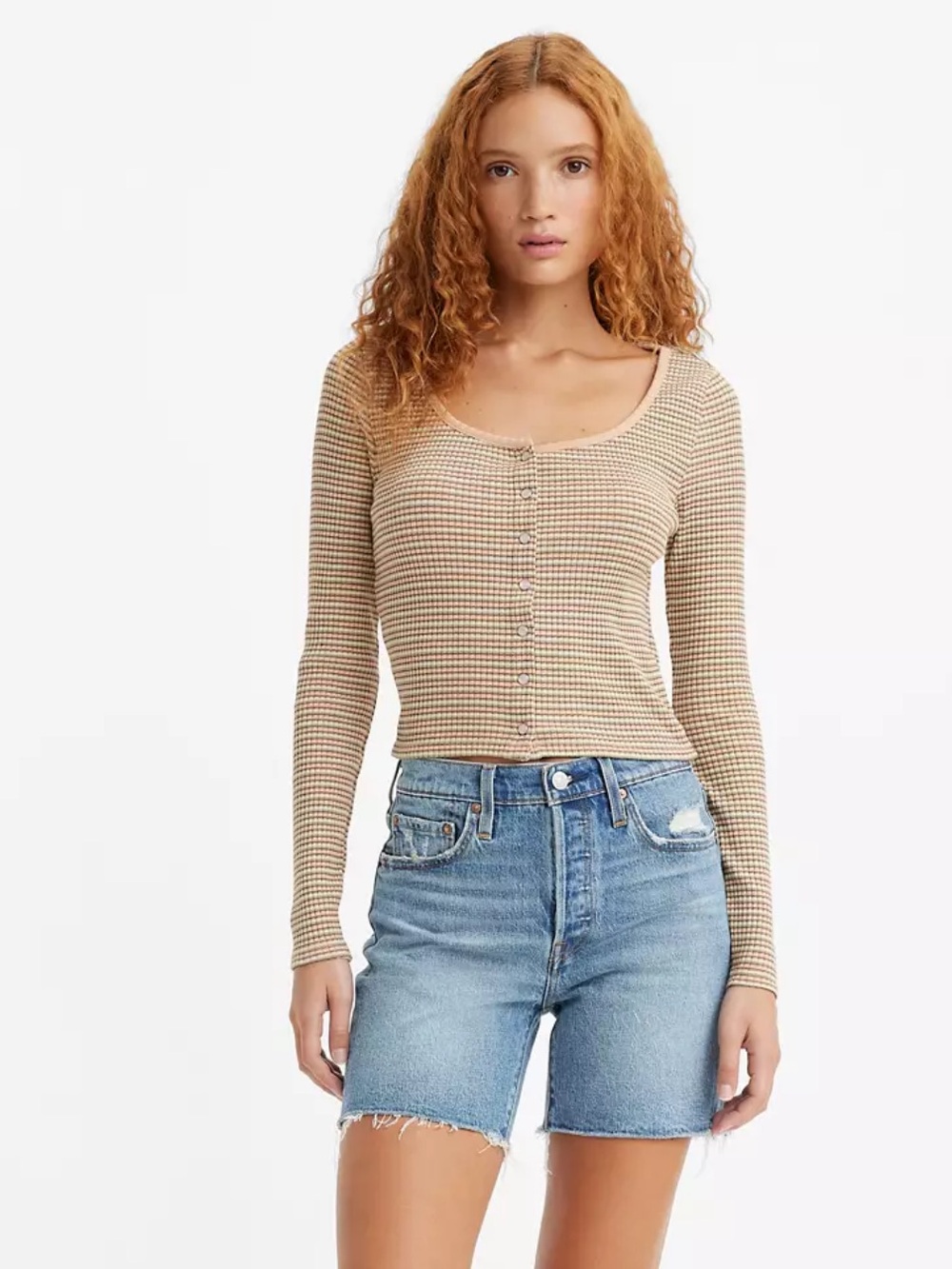 Levi's Beige Ribbed Scoop Neck Button-Front Long Sleeve Top